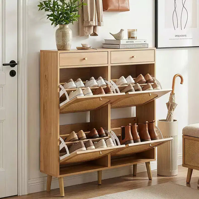 Karl Home Schuhschrank mit Rattanfront, 2 Schubladen und 4 Klappfächern aus Spanplatte, 41.34 W