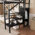Okak hoogslaper van 94 inch voor een eenpersoonsbed, met kledingkast, opbergplanken en mand, bedframe voor slaapkamer of studentenkamer