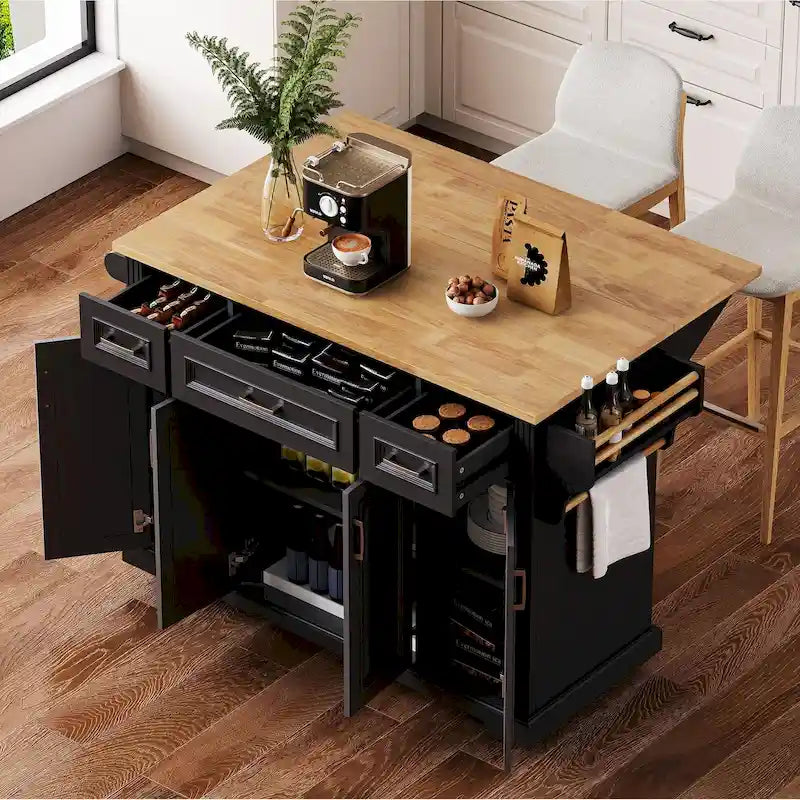 Ilha de cozinha grande de 54 com aba rebatível em madeira de seringueira, carrinho de cozinha com textura em relevo, rodízios e 4 portas e 3 gavetas