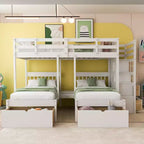 Whisen Full Over Twin & Twin Bunk Bed, Wood Triple Bunk Bed with Drawers and Guardrails