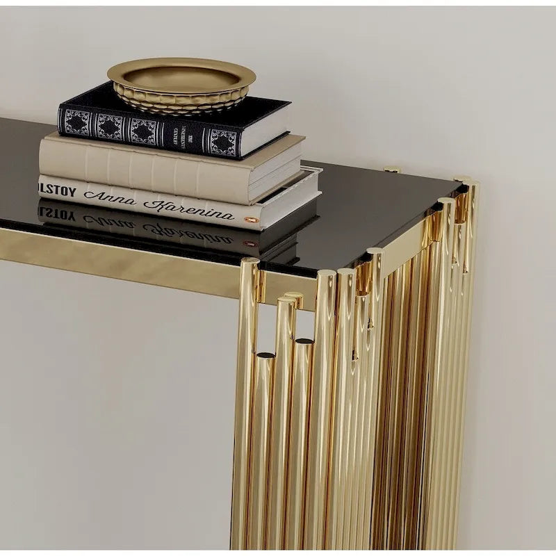 Smalle consoletafel met 2 niveaus, goudkleurig metalen frame en blad van gehard glas