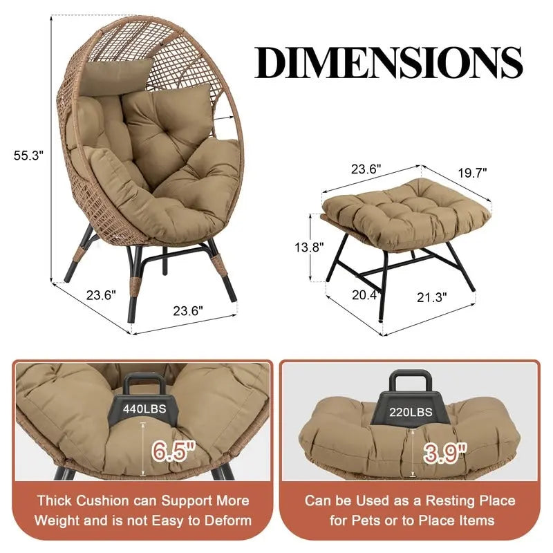Fauteuil œuf d’intérieur FINCATI, fauteuil œuf d’extérieur supportant 440 lb, fauteuil œuf grand format avec pouf, fauteuil œuf luxueux et confortable avec repose-pieds