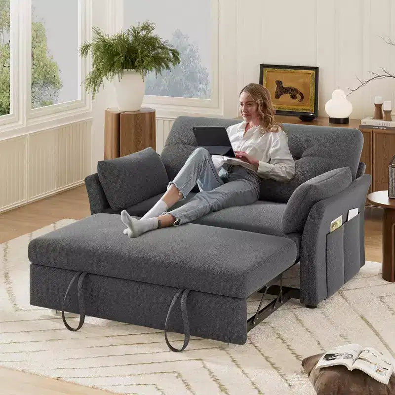 Rozkładana sofa Dyonery 3 w 1, sofa z wysuwanym łóżkiem, kieszenią boczną i regulowanym oparciem, montaż bez narzędzi, składana dwuosobowa sofa