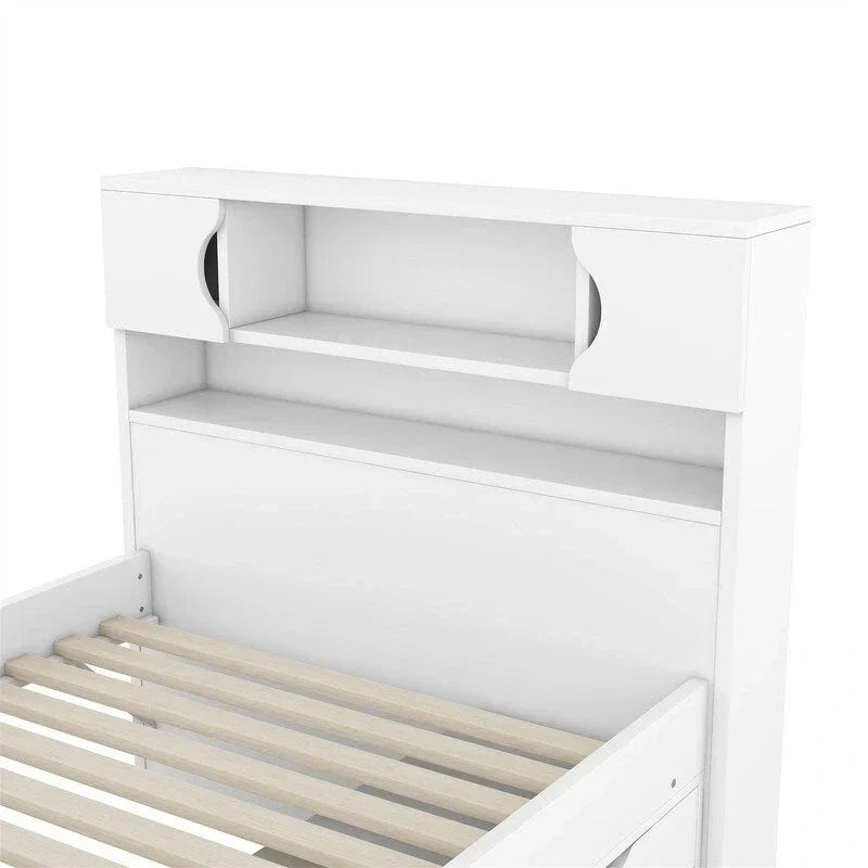 Lit plateforme capitaine une place/deux places avec 4 tiroirs et étagères de rangement, cadre en bois massif avec tête de lit bibliothèque et rangements