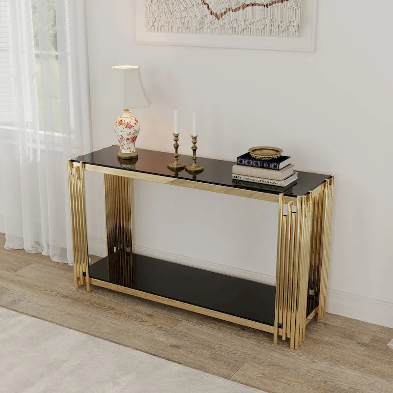 Smalle consoletafel met 2 niveaus, goudkleurig metalen frame en blad van gehard glas