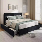 CuisinSmart Corduroy Bed Frame with Headboard, Platform Upholstered Bed Frame with 4 Storage Drawers and Wooden Slats Support