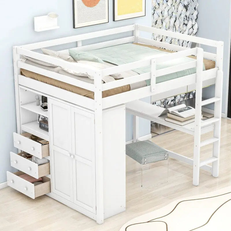 Lit mezzanine en bois, format deux places, avec armoire intégrée, bureau, étagères de rangement et tiroirs
