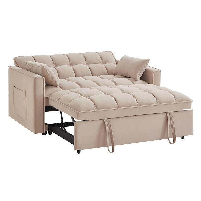 Rozkładana sofa dwuosobowa 4 w 1 z podłokietnikami i kieszeniami do przechowywania, wielofunkcyjna pikowana sofa z regulowanym oparciem