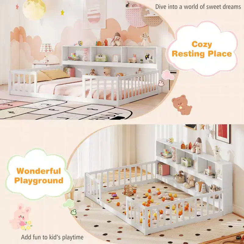 Letto Montessori a terra Twin/Full con libreria, ripiani contenitori e sponde di sicurezza, bianco/grigio