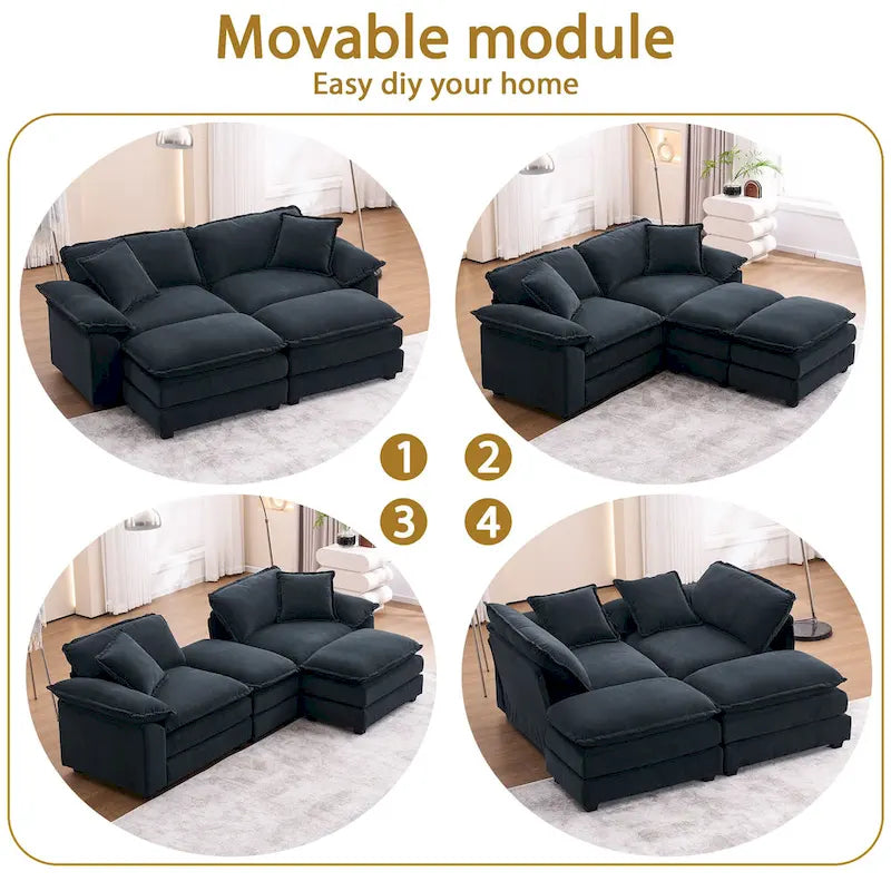 2-Sitzer-Sofa mit 2 Sitzkissen, 2 Kissen und 2 Hockern, bequemes Sofa - tiefes Sofa fürs Wohnzimmer, modulares Sofa