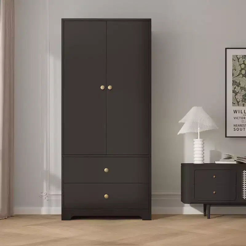 Armadio guardaroba moderno in legno da 71 pollici per camera da letto, con 2 ante, 2 cassetti, ripiani regolabili e barra appendiabiti