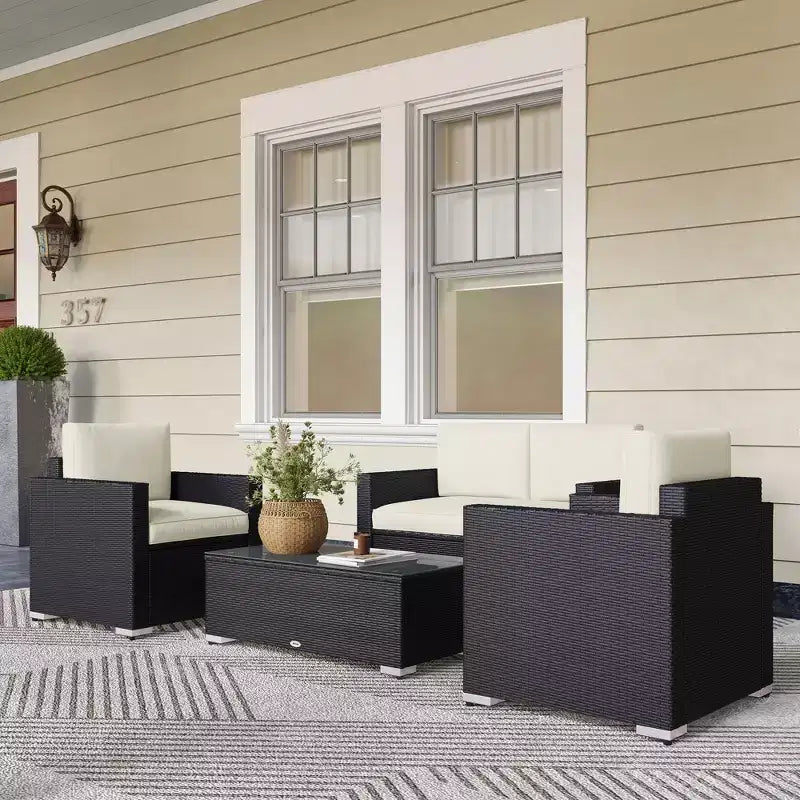 4-delige tuinset van rotan, loungeset van vlechtwerk met loveseat, stoelen en salontafel met glazen blad voor buiten