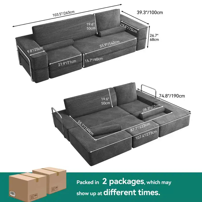 Veranderbare modulaire wolkenbank, comfortabele corduroy hoekbank met diepe zitting en hoge kussens, eenvoudig te monteren