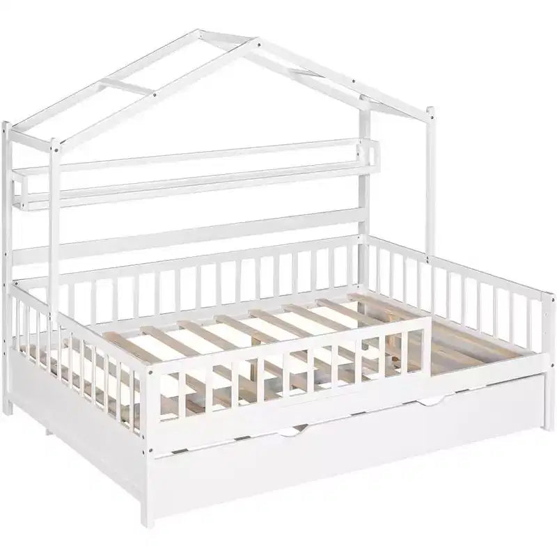 Struttura letto a casetta Acekool a una piazza e mezza con letto estraibile singolo, cassetti e ripiani contenitori, tetto e staccionata, letto a piattaforma per bambini, bianco