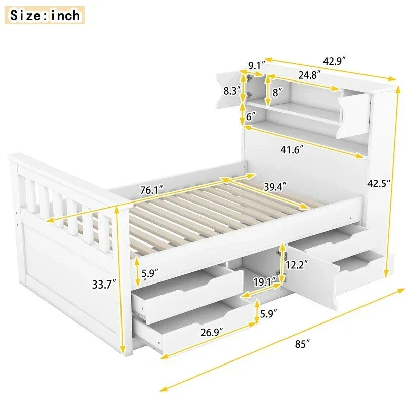 Lit plateforme capitaine une place/deux places avec 4 tiroirs et étagères de rangement, cadre en bois massif avec tête de lit bibliothèque et rangements