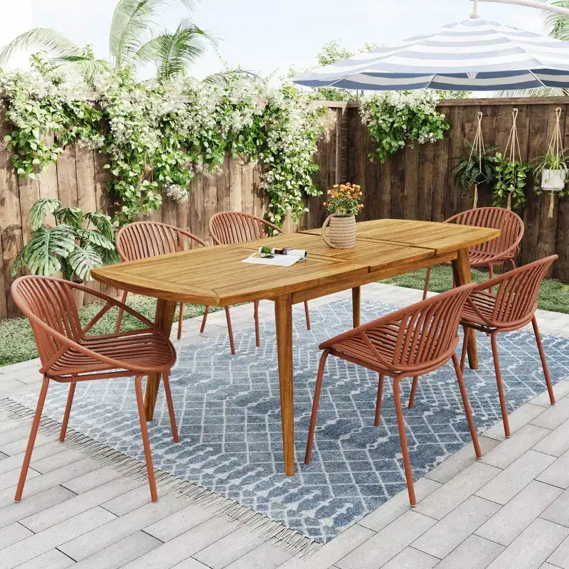 7-teiliges, erweiterbares Garten-Essset mit stapelbaren Stühlen und Tisch aus Akazienholz