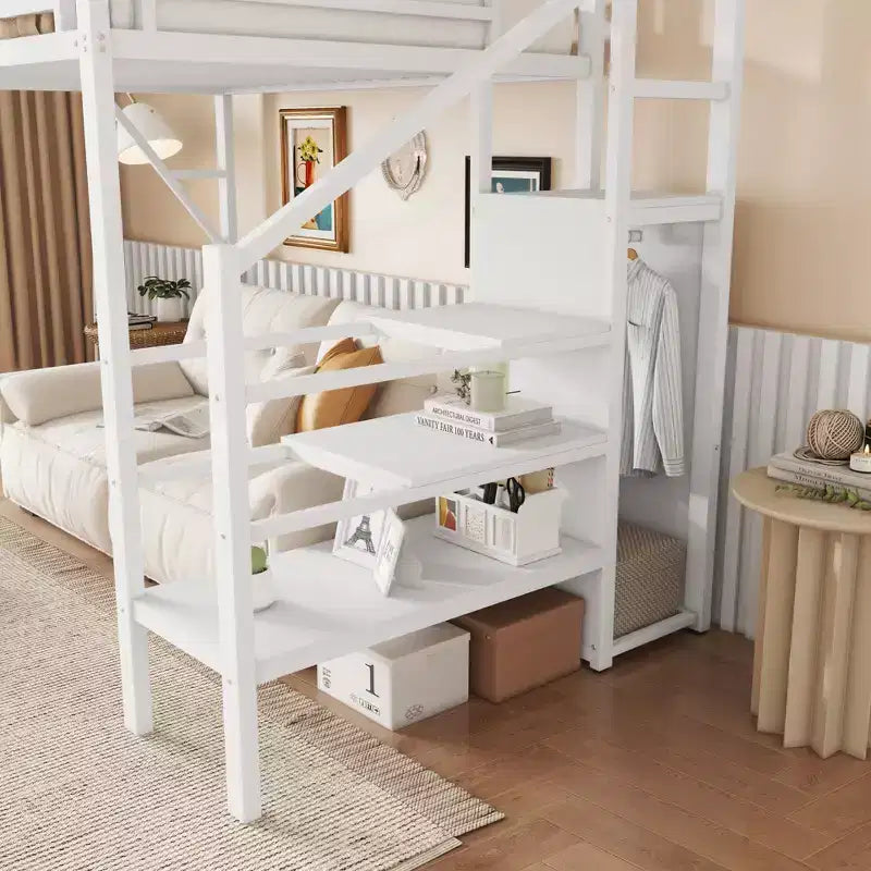 Okak hoogslaper van 94 inch voor een eenpersoonsbed, met kledingkast, opbergplanken en mand, bedframe voor slaapkamer of studentenkamer