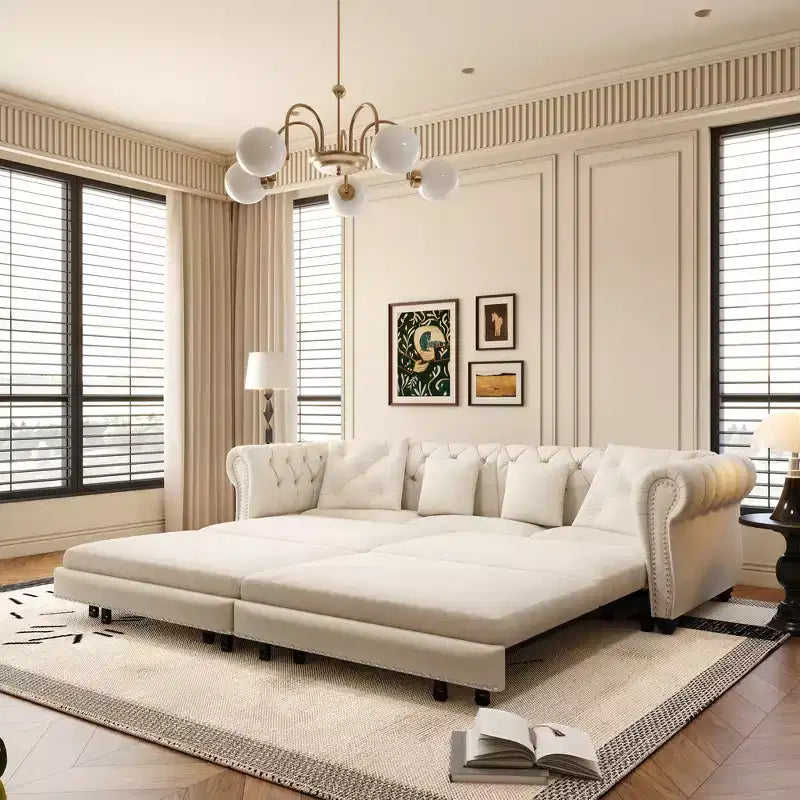 Whisen Schlafsofa aus Samt, 3-in-1, King Size, ausziehbar und umwandelbar, mit beweglichem Ottomanen, gestepptes Design