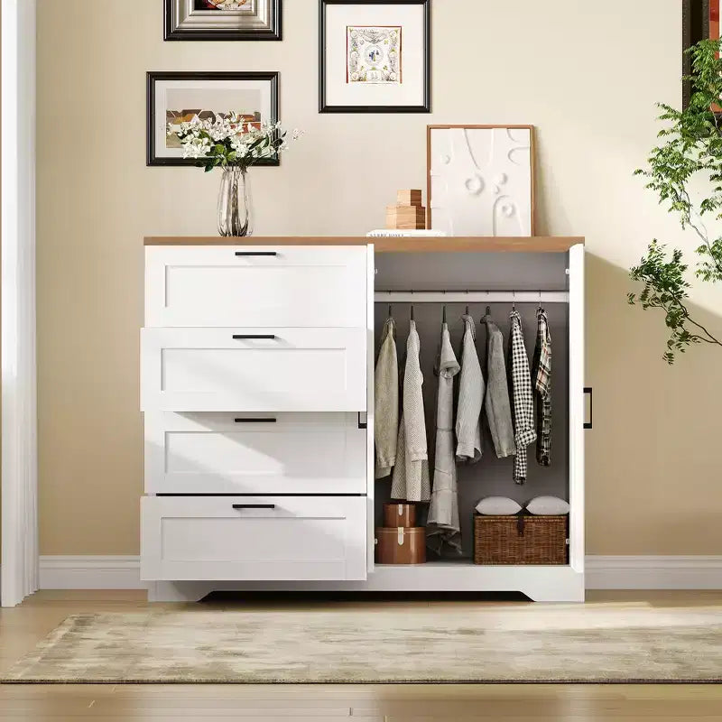 Holzkleiderschrank, 43.3 H hoch, mit 4 Schubladen und Kleiderstange, vielseitiger Kleiderschrank mit Kommode fürs Schlafzimmer