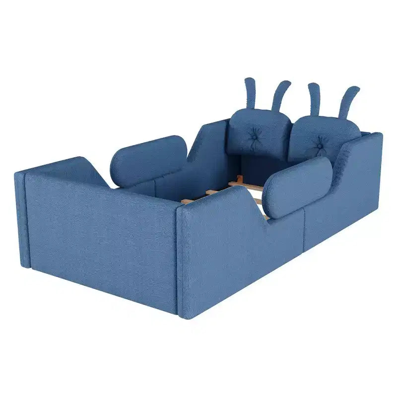 Whisen eenpersoonsbed met platform, gestoffeerd kinderbedframe voor op de vloer met konijnenkussen en afneembare zijhekken