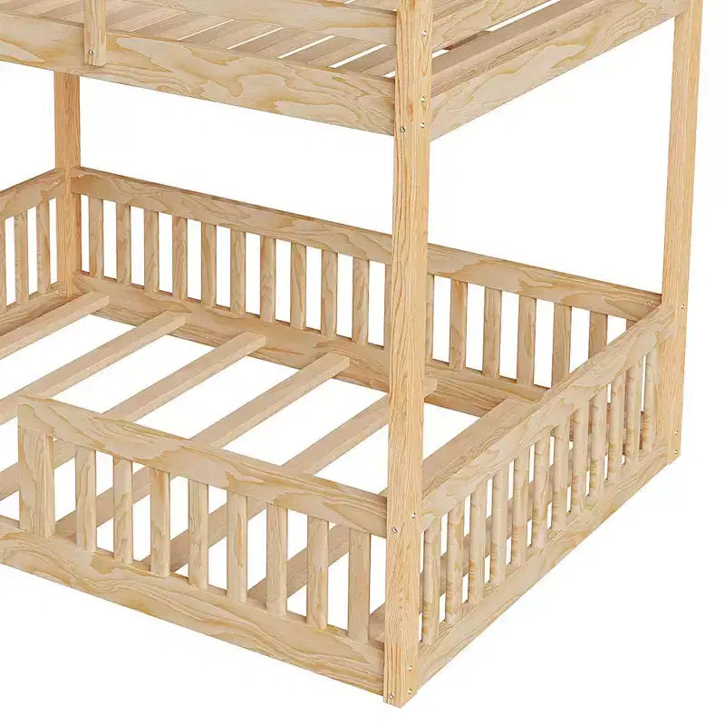 Letto a castello in legno a due piazze con scala e sponde di protezione, letto a castello basso a due piazze con supporto a doghe