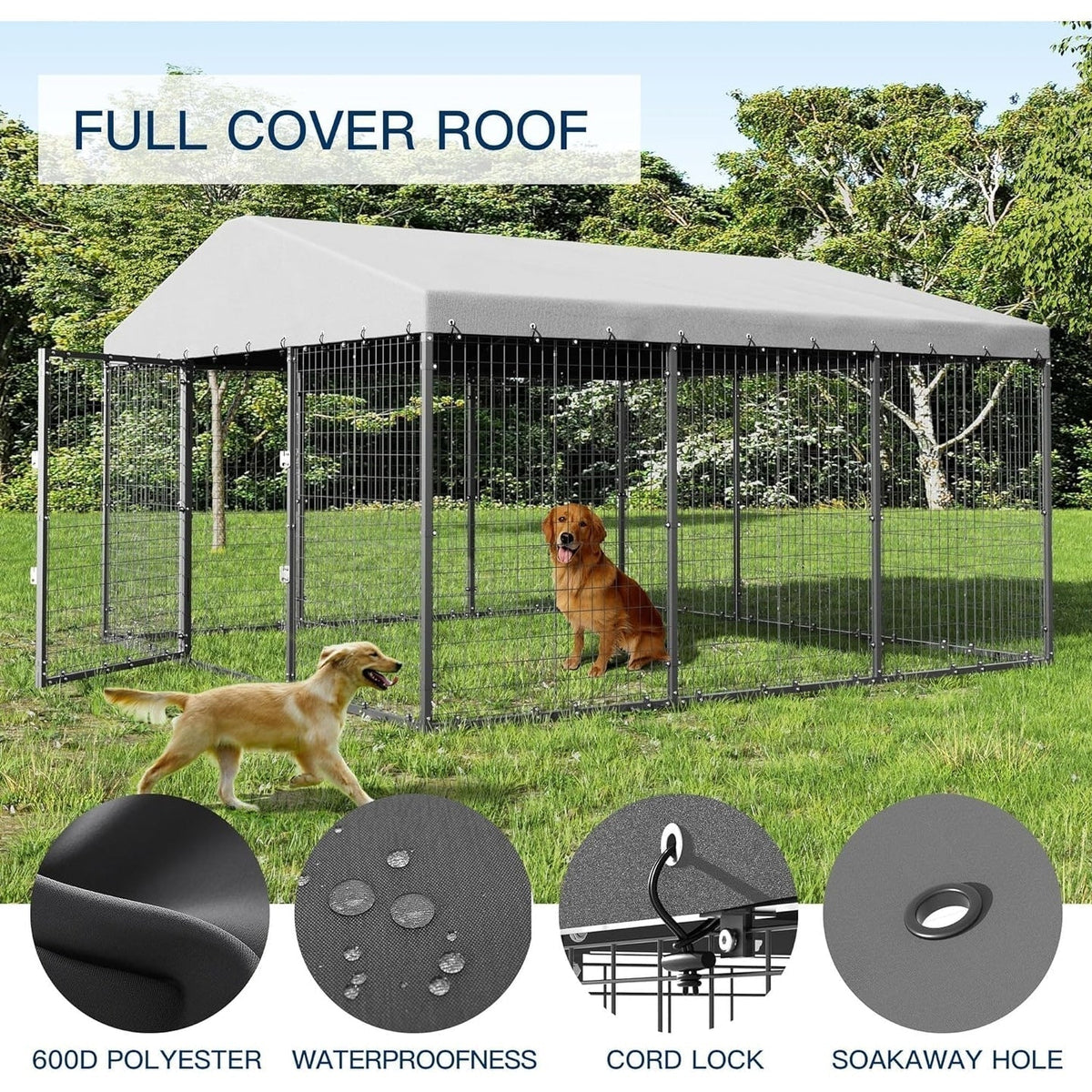 W 118 x D 118 x H 70 Große Hundezwinger für draußen, robuster Hundekäfig mit wasserdichtem Dach