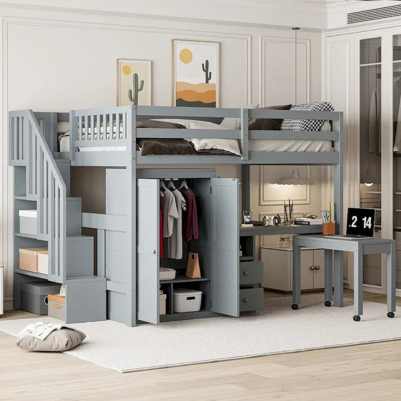 Lit mezzanine taille double avec escalier, bibliothèque, bureau et armoire - meuble multifonctionnel gain de place pour enfants et adolescents-Blanc