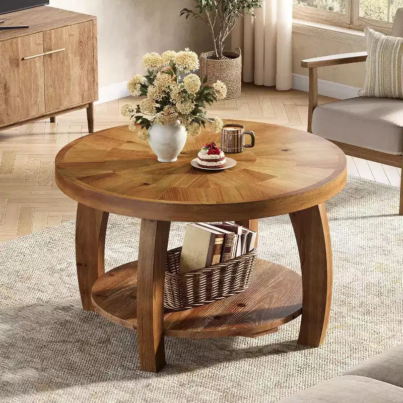 Lantine ronde salontafel van massief hout, bijzettafel met 2 niveaus en opbergruimte, tafelblad van 31.5 inch met mozaïekpatroon, eenvoudig te monteren, voor de woonkamer, bruin