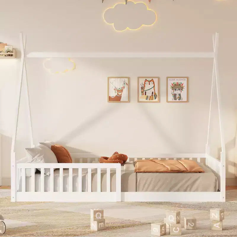 Kinder-Bodenbett, Zeltbett in Einzelbettgröße, Montessori-Bodenbett mit Lattenrost und Schutzgittern, Bettrahmen aus Holz in Hausform für Jungen und Mädchen