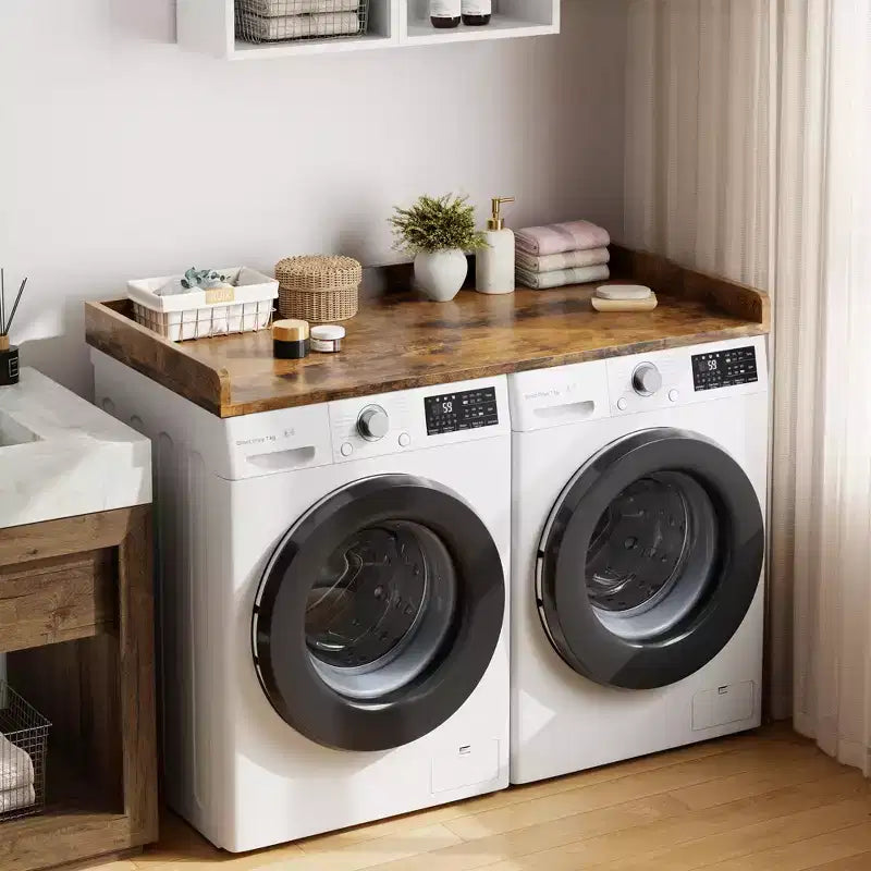 Wasmachine- en drogerblad, wasblad met opstaande rand en antislipmat voor wasmand, extra opbergruimte en een opgeruimde wasruimte