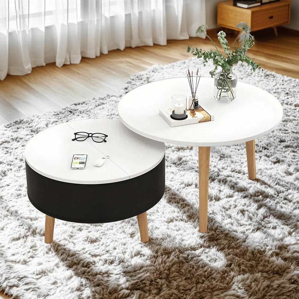 Moderne ronde houten salontafel in zwart-wit met opbergruimte