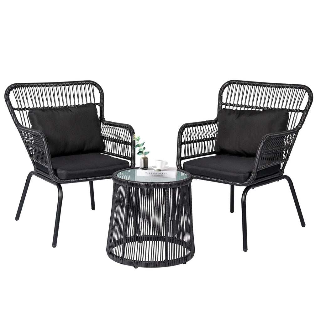 3-delige bistroset van tuinmeubelen van riet, weerbestendige rotanset met tuinstoelen en kussens