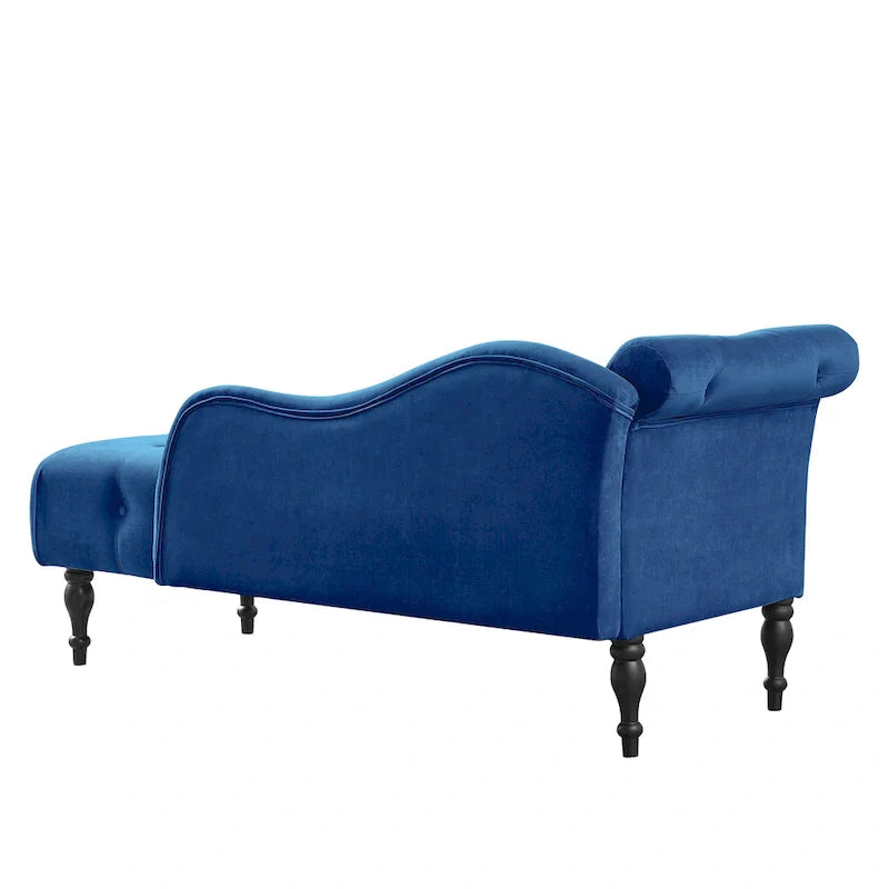Moderne Chaiselongue, 60.6, mit Samtbezug, Knopfheftung, Beinen aus Massivholz und Ziernägeln