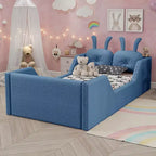 Whisen eenpersoonsbed met platform, gestoffeerd kinderbedframe voor op de vloer met konijnenkussen en afneembare zijhekken