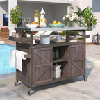 Îlot de cuisine d’extérieur, chariot de bar roulant et meuble de rangement, table de barbecue en bois massif avec plateau en acier inoxydable, porte-épices, porte-serviettes