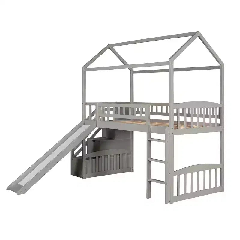 Hochbett in Hausform für Einzelbetten mit Rutsche und Treppe, Hochbett mit Schubladen, Holzhütten-Hochbett für Kinder und Kleinkinder