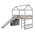 Hochbett in Hausform für Einzelbetten mit Rutsche und Treppe, Hochbett mit Schubladen, Holzhütten-Hochbett für Kinder und Kleinkinder