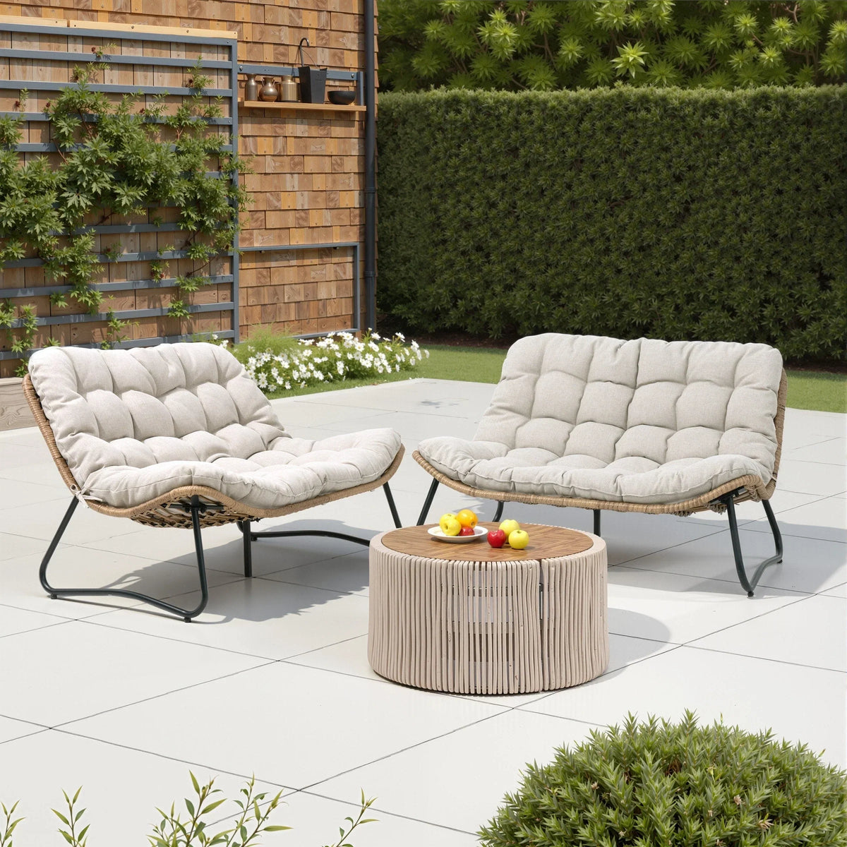 Poltrona doppia Papasan con cuscino, in rattan PE resistente a tutte le condizioni atmosferiche e struttura in metallo, per interni ed esterni