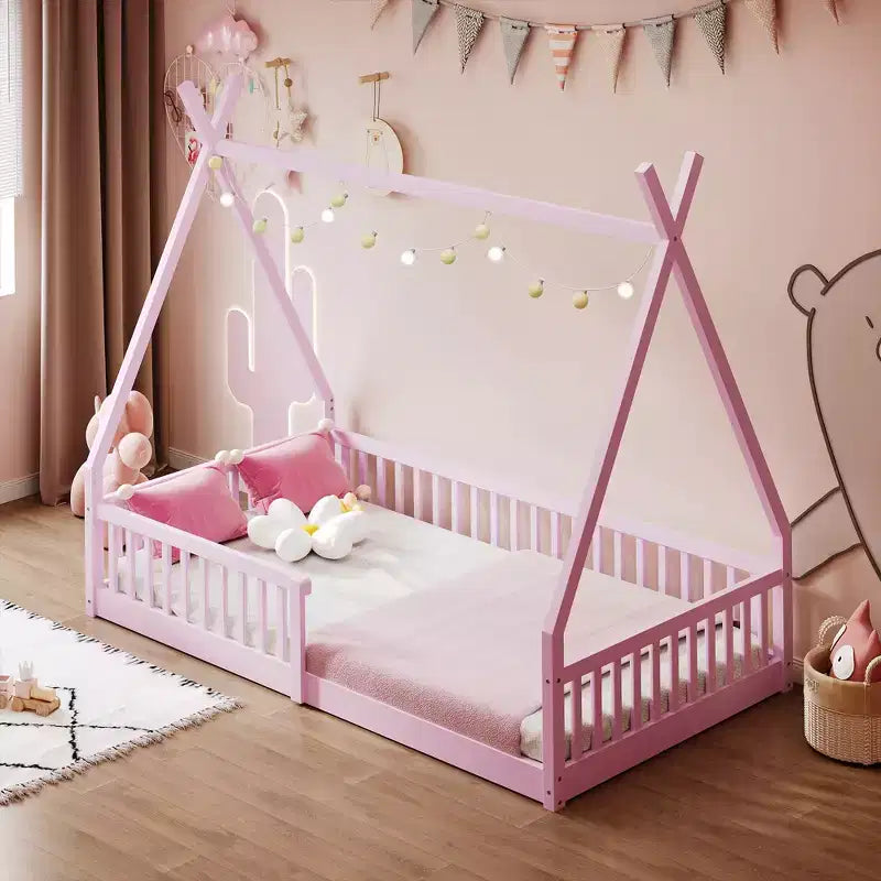 Kinder-Bodenbett, Zeltbett in Einzelbettgröße, Montessori-Bodenbett mit Lattenrost und Schutzgittern, Bettrahmen aus Holz in Hausform für Jungen und Mädchen
