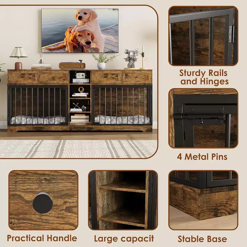 82 Hundebox-Möbel für zwei Hunde, große Hundehütte für den Innenbereich, robuste Hundebox aus Holz mit 4 Schubladen und Regalen, als TV-Ständer
