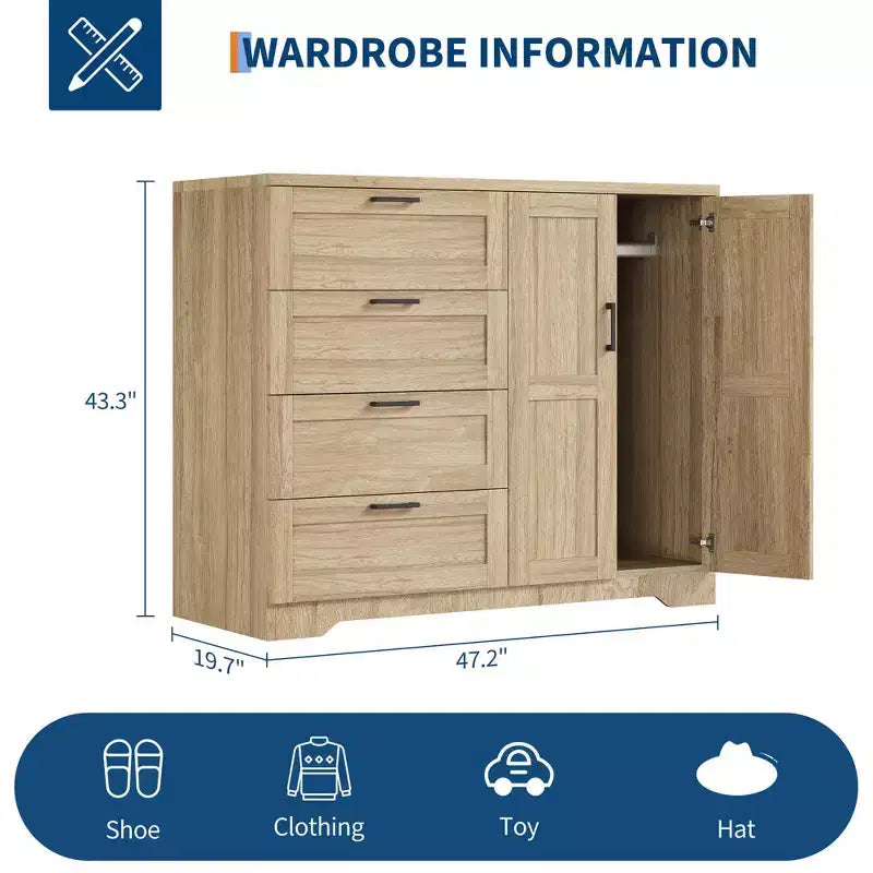 Holzkleiderschrank, 43.3 H hoch, mit 4 Schubladen und Kleiderstange, vielseitiger Kleiderschrank mit Kommode fürs Schlafzimmer