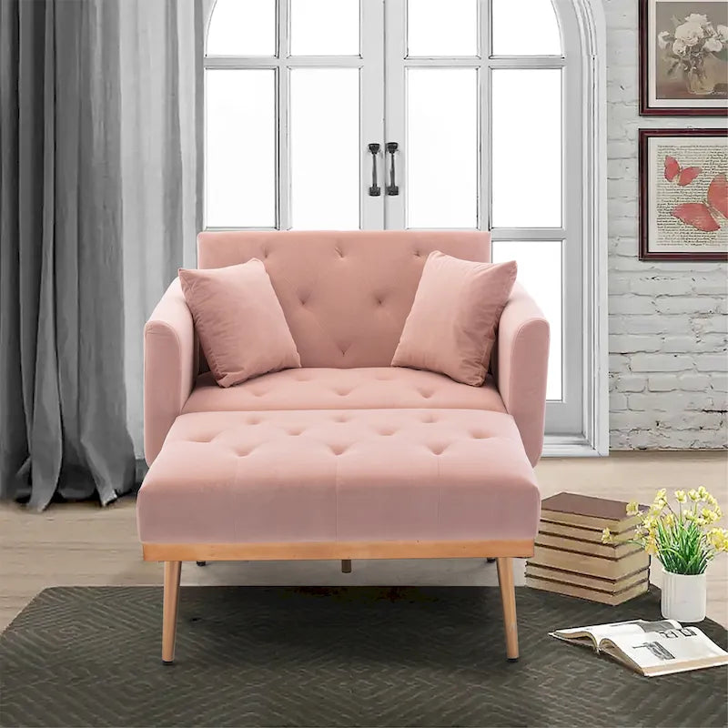 Gepolsterter Samt-Schlafsessel mit Knopfheftung fürs Wohnzimmer und roségoldenen Füßen
