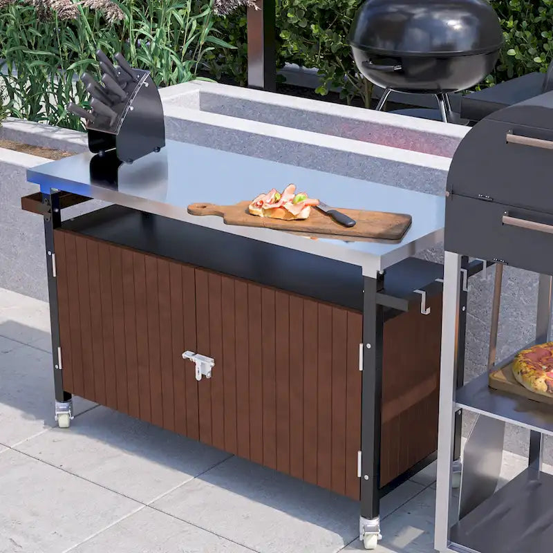 Buitengrillwagen met roestvrijstalen tafelblad (kruk niet inbegrepen)