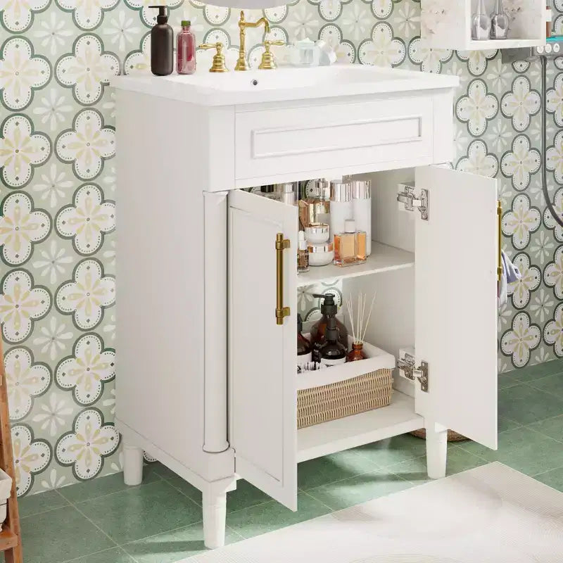 Badkamermeubel van 24 met keramische wastafel, kast in shakerstijl, 2 softclosedeuren en massiefhouten frame, voor een kleine badkamer of toiletruimte