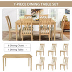 Zevemomo 7-delige eettafelset van massief hout met 6 gestoffeerde stoelen, ruimtebesparende eettafel met stoelen, voor de eetkamer of keuken, naturel houtkleur