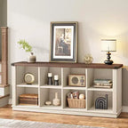 Bücherregal mit 8 Fächern, im Landhausstil, waagerecht, 62 Inch, aus Holz, für den Eingangsbereich, langes, niedriges Bücherregal fürs Wohnzimmer