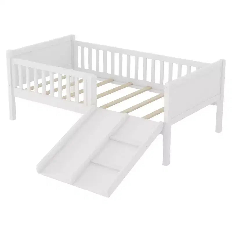 Whisen laag halfhoog bedframe van eenpersoonsformaat voor kinderen, met glijbaan, verplaatsbare boekenplank met opbergruimte en veiligheidsleuningen