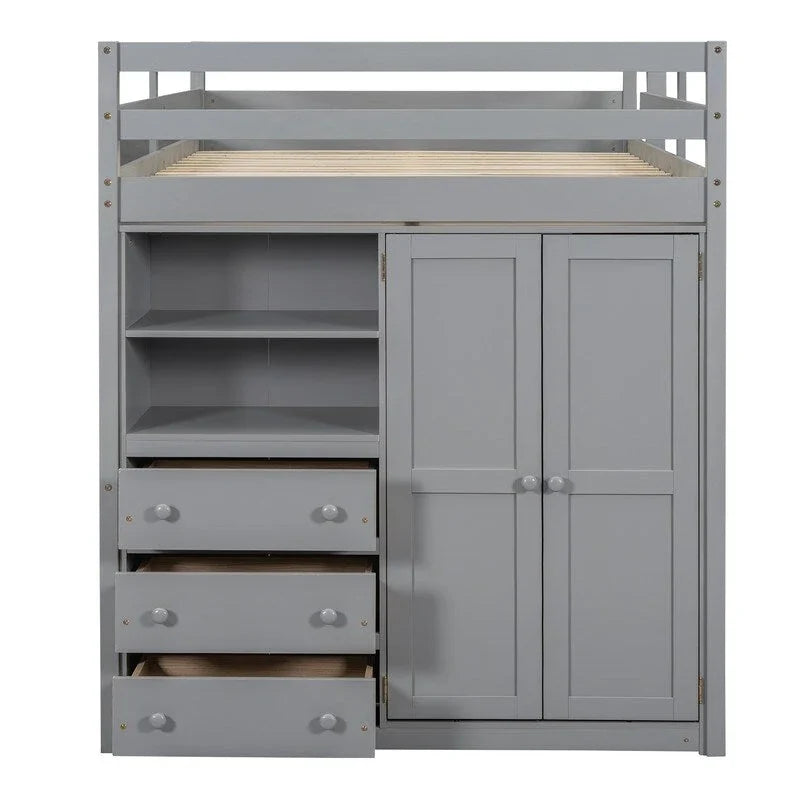 Lit mezzanine en bois, format deux places, avec armoire intégrée, bureau, étagères de rangement et tiroirs