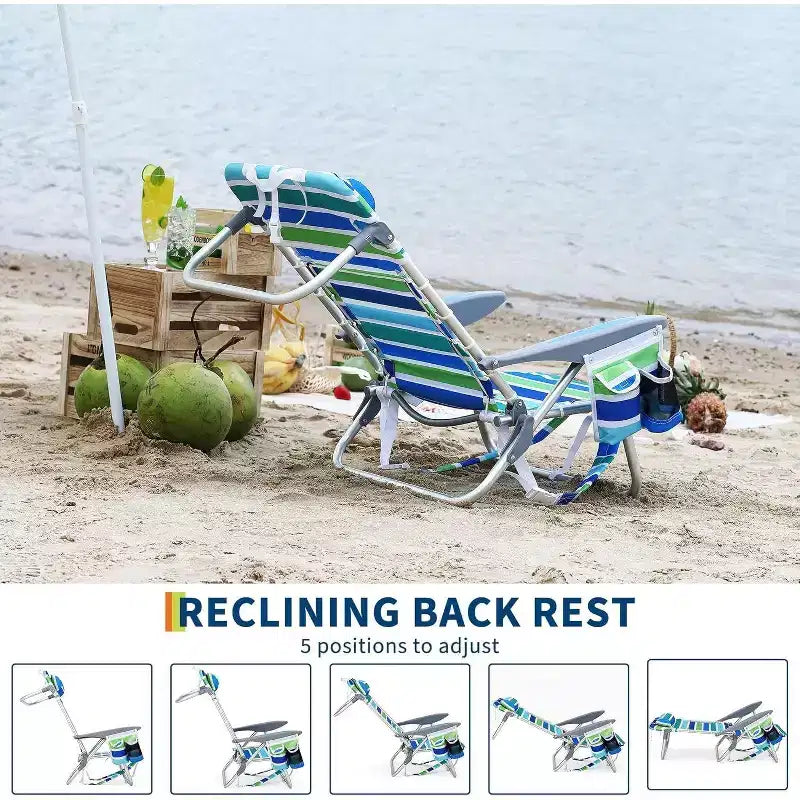 Acekool 2er-Pack leichte Strandstühle im Rucksackdesign, 5-fach verstellbare, flach klappbare Stühle für Erwachsene mit Gurten, Getränkehalter und Handtuchstange, belastbar bis 300 lbs