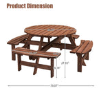 Set da picnic rotondo da esterno per 8 persone in legno di abete, con 4 panche integrate e foro per ombrellone
